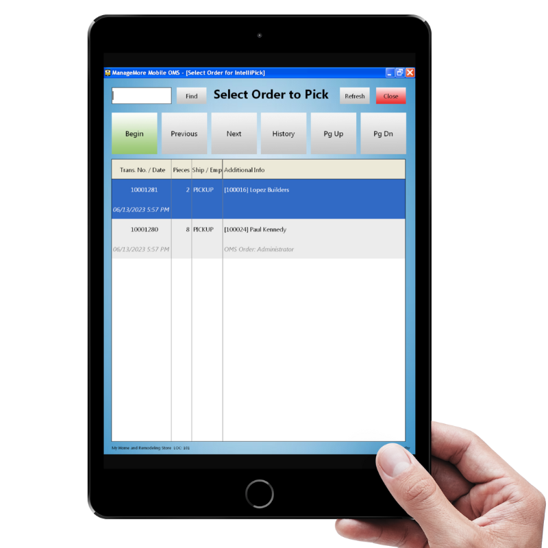 Mobile OMS Select Order to Pick