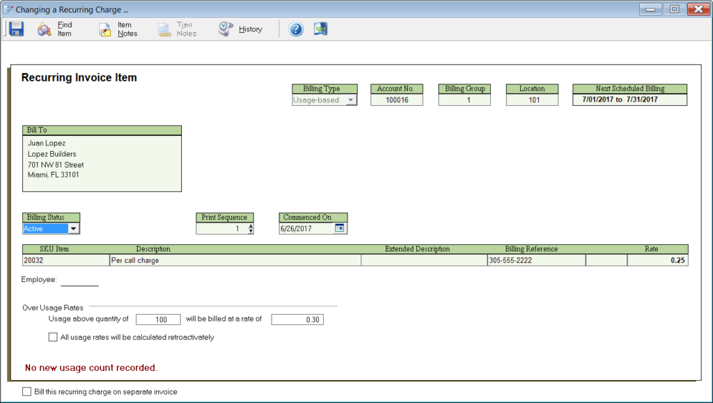 Recurring Usage Based Charge